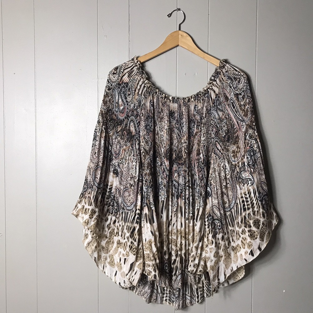 MELISSA PAIGE BROWN PAISLEY ACCORDION PLEATED BLOUSE SLIT SLEEVE WOMENS SIZE XL